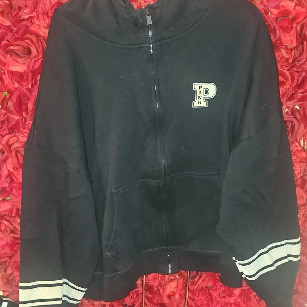 PINK Victoria's Secret Black/Cream Zip Up Campus Hoodie Sweatshirt Size Xlarge